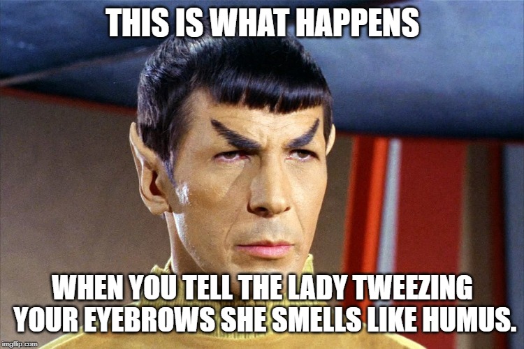 Don't piss off the Tweezer Lady | THIS IS WHAT HAPPENS; WHEN YOU TELL THE LADY TWEEZING YOUR EYEBROWS SHE SMELLS LIKE HUMUS. | image tagged in mr spock | made w/ Imgflip meme maker