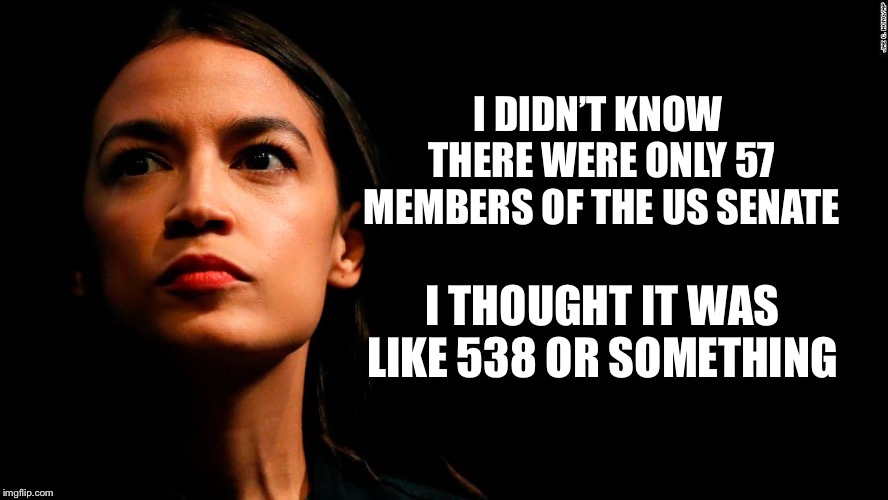 ocasio-cortez super genius | I DIDN’T KNOW THERE WERE ONLY 57 MEMBERS OF THE US SENATE; I THOUGHT IT WAS LIKE 538 OR SOMETHING | image tagged in ocasio-cortez super genius,alexandria ocasio-cortez,senate | made w/ Imgflip meme maker