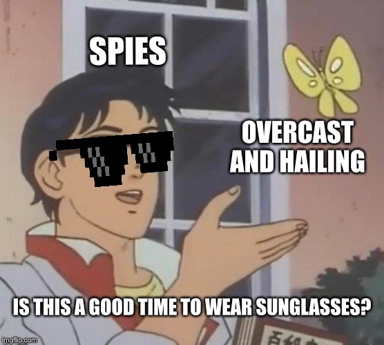 They must have very sensitive eyes. | SPIES; OVERCAST AND HAILING; IS THIS A GOOD TIME TO WEAR SUNGLASSES? | image tagged in memes,is this a pigeon | made w/ Imgflip meme maker