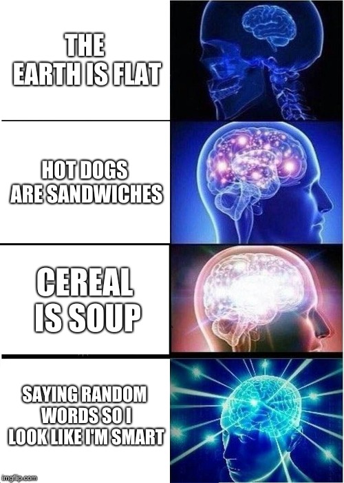 Expanding Brain Meme | THE EARTH IS FLAT; HOT DOGS ARE SANDWICHES; CEREAL IS SOUP; SAYING RANDOM WORDS SO I LOOK LIKE I'M SMART | image tagged in memes,expanding brain | made w/ Imgflip meme maker