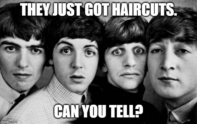 THE BEATLES IN SHOCK | THEY JUST GOT HAIRCUTS. CAN YOU TELL? | image tagged in the beatles in shock | made w/ Imgflip meme maker