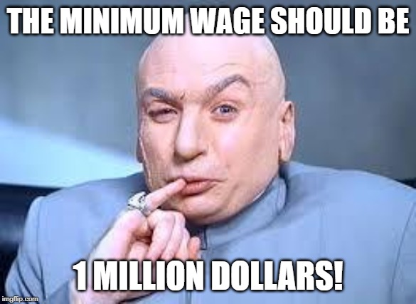 dr evil pinky | THE MINIMUM WAGE SHOULD BE; 1 MILLION DOLLARS! | image tagged in dr evil pinky | made w/ Imgflip meme maker