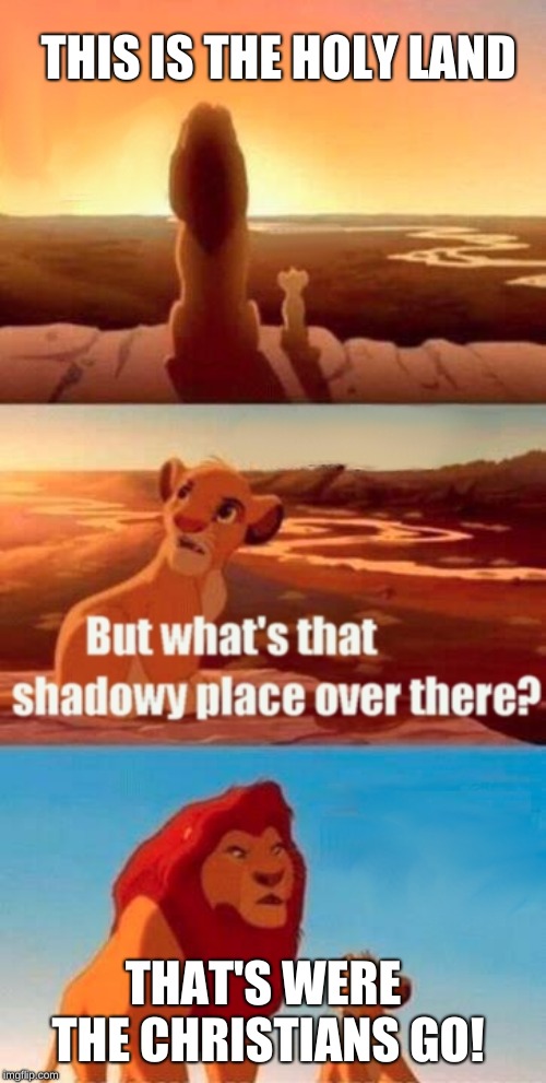 Simba Shadowy Place | THIS IS THE HOLY LAND; THAT'S WERE THE CHRISTIANS GO! | image tagged in memes,simba shadowy place | made w/ Imgflip meme maker