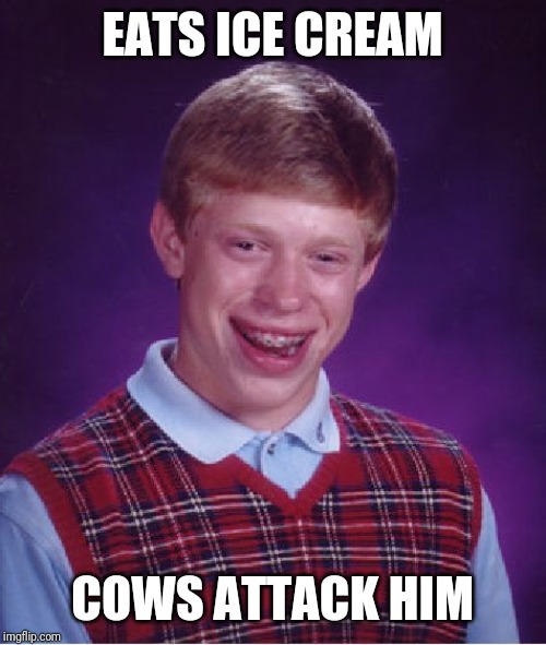Bad Luck Brian Meme | EATS ICE CREAM; COWS ATTACK HIM | image tagged in memes,bad luck brian | made w/ Imgflip meme maker