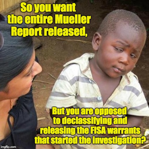 Third World Skeptical Kid | So you want the entire Mueller Report released, But you are opposed to declassifying and releasing the FISA warrants that started the investigation? | image tagged in memes,third world skeptical kid | made w/ Imgflip meme maker