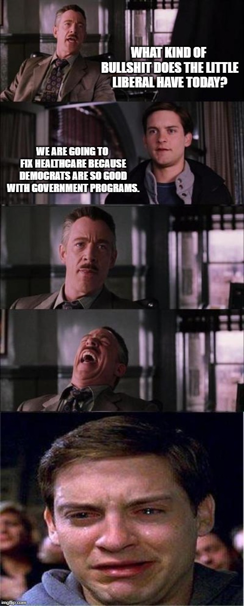 Liberal Pivot fail. | WHAT KIND OF BULLSHIT DOES THE LITTLE LIBERAL HAVE TODAY? WE ARE GOING TO FIX HEALTHCARE BECAUSE DEMOCRATS ARE SO GOOD WITH GOVERNMENT PROGRAMS. | image tagged in memes,peter parker cry,liberal logic,stupid liberals | made w/ Imgflip meme maker