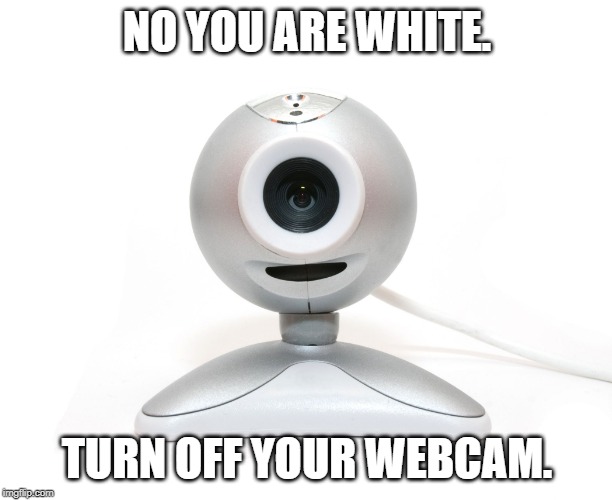 webcam, | NO YOU ARE WHITE. TURN OFF YOUR WEBCAM. | image tagged in webcam | made w/ Imgflip meme maker