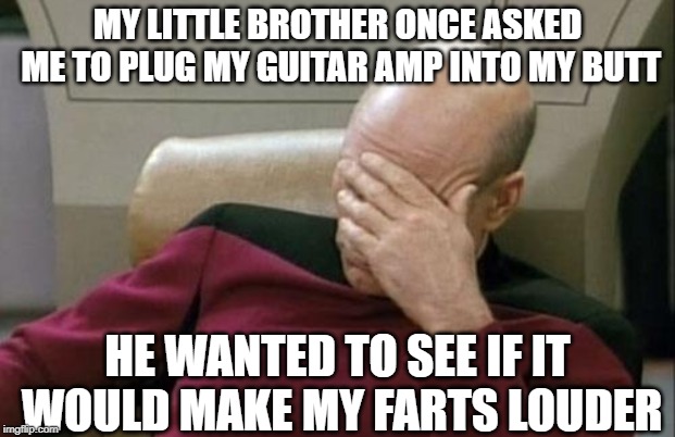 I didn't do it because we were both laughing too hard | MY LITTLE BROTHER ONCE ASKED ME TO PLUG MY GUITAR AMP INTO MY BUTT; HE WANTED TO SEE IF IT WOULD MAKE MY FARTS LOUDER | image tagged in memes,captain picard facepalm,guitars,guitar,fart,farts | made w/ Imgflip meme maker
