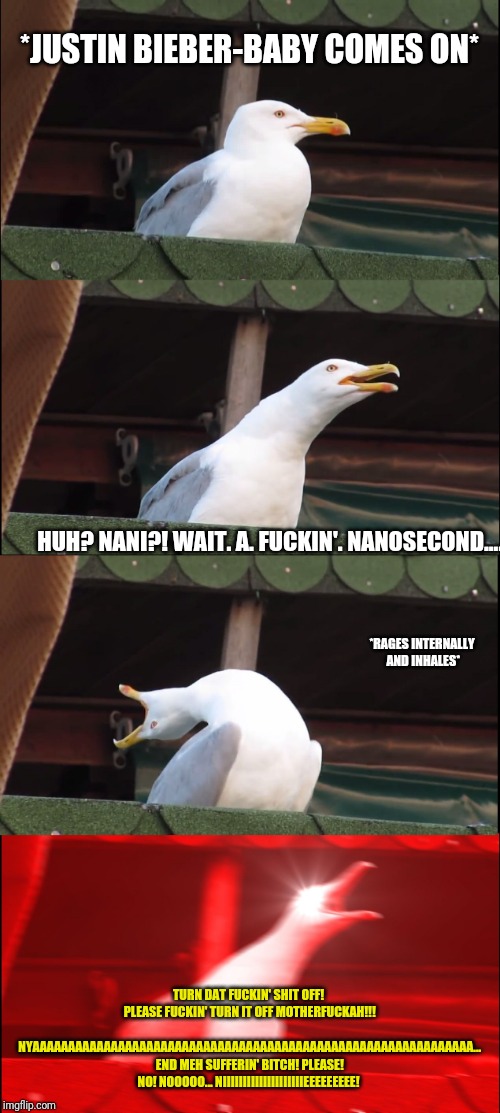 Inhaling Seagull Meme | *JUSTIN BIEBER-BABY COMES ON* HUH? NANI?! WAIT. A. F**KIN'. NANOSECOND.... *RAGES INTERNALLY AND INHALES* TURN DAT F**KIN' SHIT OFF! PLEASE  | image tagged in memes,inhaling seagull | made w/ Imgflip meme maker