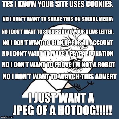 Y U No Meme | YES I KNOW YOUR SITE USES COOKIES. NO I DON'T WANT TO SHARE THIS ON SOCIAL MEDIA; NO I DON'T WANT TO SUBSCRIBE TO YOUR NEWS LETTER. NO I DON'T WANT TO SIGN UP FOR AN ACCOUNT; NO I DON'T WANT TO MAKE A PAYPAL DONATION; NO I DON'T WANT TO PROVE I'M NOT A ROBOT; NO I DON'T WANT TO WATCH THIS ADVERT; I JUST WANT A JPEG OF A HOTDOG!!!!! | image tagged in memes,y u no | made w/ Imgflip meme maker