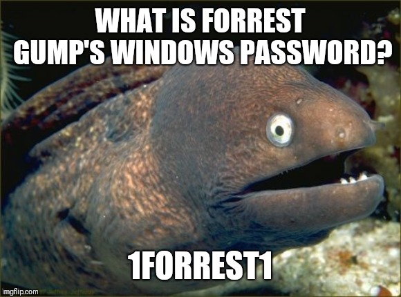 Forrest Gump's Password | WHAT IS FORREST GUMP'S WINDOWS PASSWORD? 1FORREST1 | image tagged in memes,bad joke eel,forrest gump,windows | made w/ Imgflip meme maker