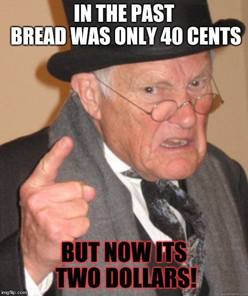 Back In My Day | IN THE PAST BREAD WAS ONLY 40 CENTS; BUT NOW ITS TWO DOLLARS! | image tagged in memes,back in my day | made w/ Imgflip meme maker