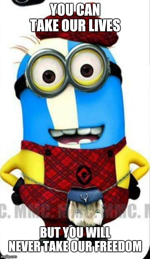 scottish minion | YOU CAN TAKE OUR LIVES BUT YOU WILL NEVER TAKE OUR FREEDOM | image tagged in scottish minion | made w/ Imgflip meme maker