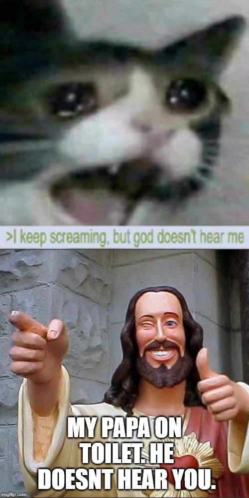  MY PAPA ON TOILET. HE DOESNT HEAR YOU. | image tagged in memes,buddy christ | made w/ Imgflip meme maker