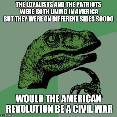 Philosoraptor Meme |  THE LOYALISTS AND THE PATRIOTS WERE BOTH LIVING IN AMERICA BUT THEY WERE ON DIFFERENT SIDES SOOOO; WOULD THE AMERICAN REVOLUTION BE A CIVIL WAR | image tagged in memes,philosoraptor | made w/ Imgflip meme maker