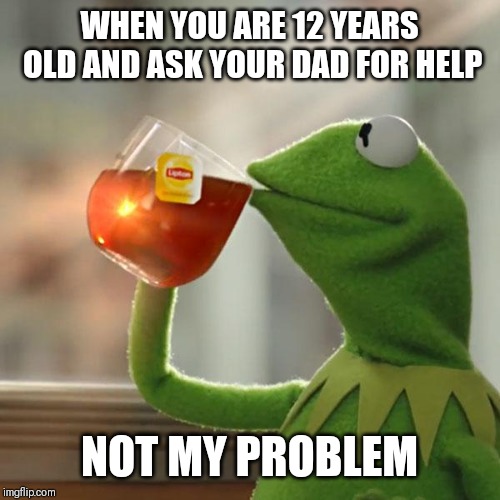 But That's None Of My Business | WHEN YOU ARE 12 YEARS OLD AND ASK YOUR DAD FOR HELP; NOT MY PROBLEM | image tagged in memes,but thats none of my business,kermit the frog | made w/ Imgflip meme maker