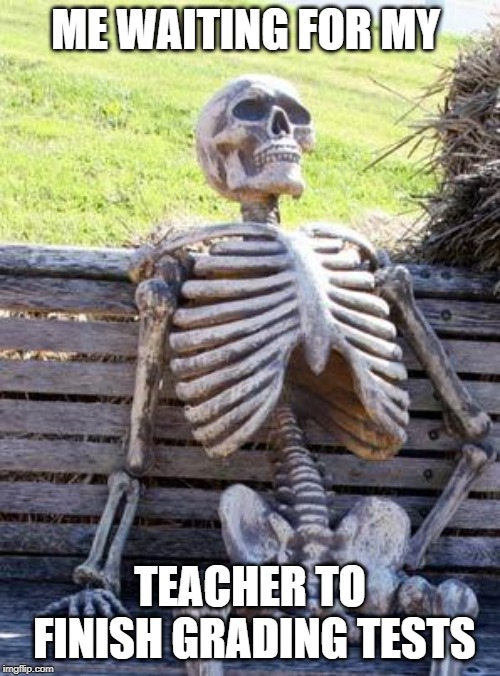 Waiting Skeleton Meme | ME WAITING FOR MY; TEACHER TO FINISH GRADING TESTS | image tagged in memes,waiting skeleton | made w/ Imgflip meme maker