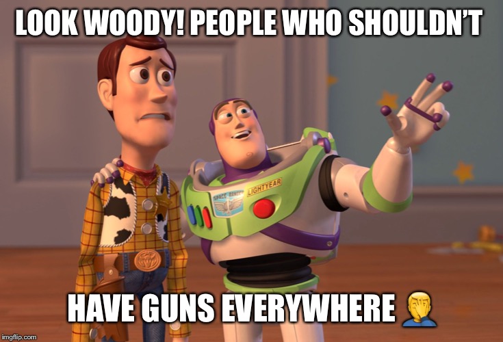 X, X Everywhere Meme | LOOK WOODY! PEOPLE WHO SHOULDN’T HAVE GUNS EVERYWHERE ?‍♂️ | image tagged in memes,x x everywhere | made w/ Imgflip meme maker