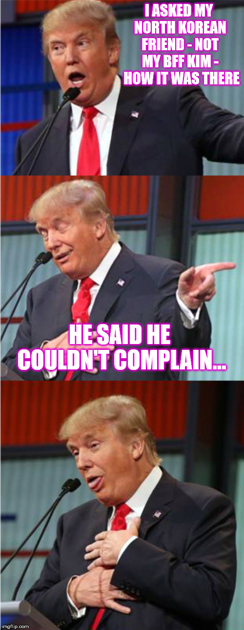 Go figure... | I ASKED MY NORTH KOREAN FRIEND - NOT MY BFF KIM -  HOW IT WAS THERE; HE SAID HE COULDN'T COMPLAIN... | image tagged in bad pun trump,funny,memes,kim jong un,north korea,trump | made w/ Imgflip meme maker