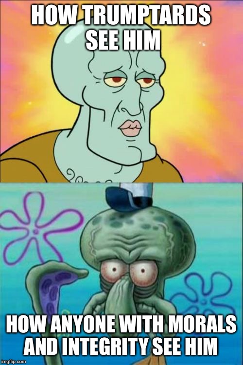 Squidward Meme | HOW TRUMPTARDS SEE HIM; HOW ANYONE WITH MORALS AND INTEGRITY SEE HIM | image tagged in memes,squidward | made w/ Imgflip meme maker
