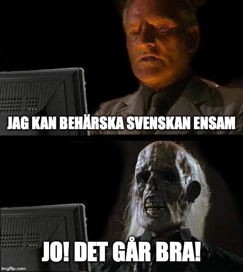 I'll Just Wait Here Meme | JAG KAN BEHÄRSKA SVENSKAN ENSAM; JO! DET GÅR BRA! | image tagged in memes,ill just wait here | made w/ Imgflip meme maker