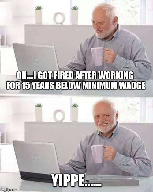 Hide the Pain Harold Meme | OH....I GOT FIRED AFTER WORKING FOR 15 YEARS BELOW MINIMUM WADGE; YIPPE...... | image tagged in memes,hide the pain harold | made w/ Imgflip meme maker