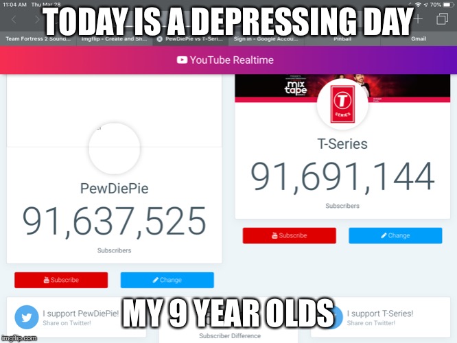 Depressing day | TODAY IS A DEPRESSING DAY; MY 9 YEAR OLDS | image tagged in pewdiepie,t-series,depression | made w/ Imgflip meme maker