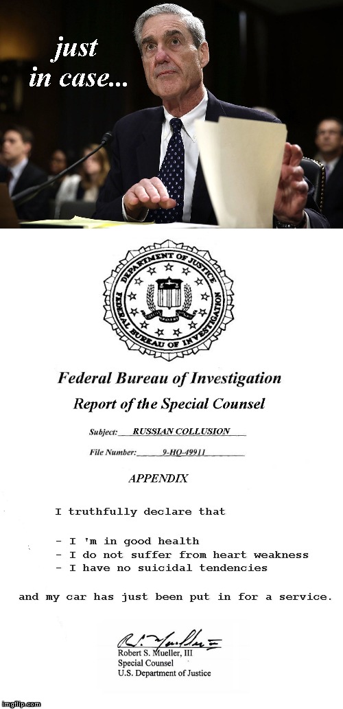 Leaked from the Mueller Report | just in case... - I 'm in good health - I do not suffer from heart weakness - I have no suicidal tendencies; I truthfully declare that; and my car has just been put in for a service. | image tagged in memes,mueller report,russian collusion,clinton body count | made w/ Imgflip meme maker