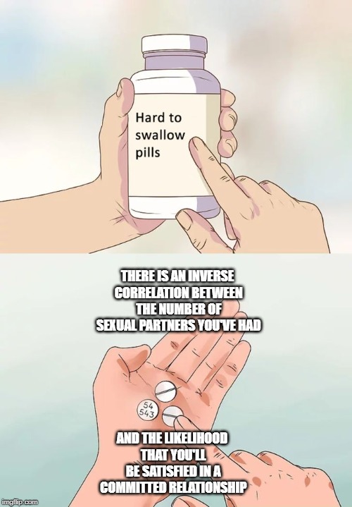 Hard To Swallow Pills | THERE IS AN INVERSE CORRELATION BETWEEN THE NUMBER OF SEXUAL PARTNERS YOU'VE HAD; AND THE LIKELIHOOD THAT YOU'LL BE SATISFIED IN A COMMITTED RELATIONSHIP | image tagged in memes,hard to swallow pills | made w/ Imgflip meme maker