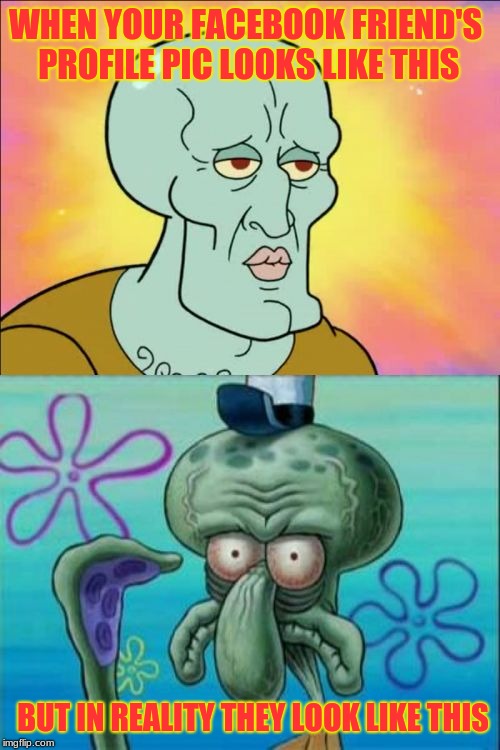 Sorry for the long wait guys! | WHEN YOUR FACEBOOK FRIEND'S PROFILE PIC LOOKS LIKE THIS; BUT IN REALITY THEY LOOK LIKE THIS | image tagged in memes,squidward,facebook,catfish | made w/ Imgflip meme maker