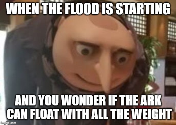 WHEN THE FLOOD IS STARTING; AND YOU WONDER IF THE ARK CAN FLOAT WITH ALL THE WEIGHT | image tagged in memes | made w/ Imgflip meme maker