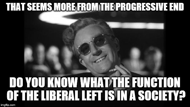 dr strangelove | THAT SEEMS MORE FROM THE PROGRESSIVE END DO YOU KNOW WHAT THE FUNCTION OF THE LIBERAL LEFT IS IN A SOCIETY? | image tagged in dr strangelove | made w/ Imgflip meme maker