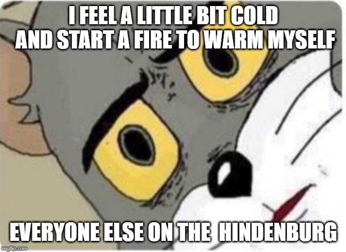 Tom and Jerry meme | I FEEL A LITTLE BIT COLD AND START A FIRE TO WARM MYSELF; EVERYONE ELSE ON THE  HINDENBURG | image tagged in tom and jerry meme | made w/ Imgflip meme maker