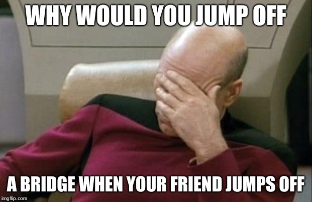 Captain Picard Facepalm | WHY WOULD YOU JUMP OFF; A BRIDGE WHEN YOUR FRIEND JUMPS OFF | image tagged in memes,captain picard facepalm | made w/ Imgflip meme maker