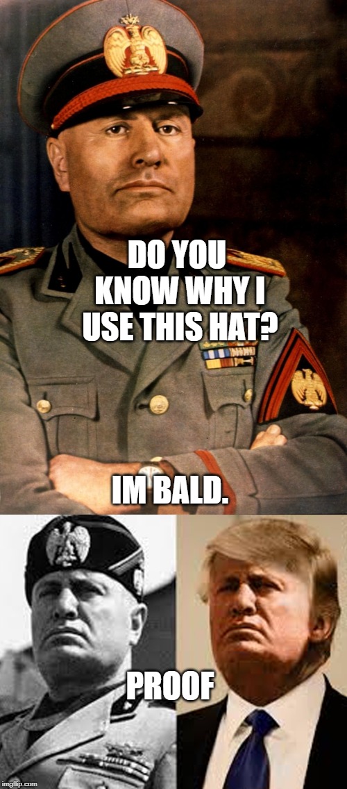 benito mussolini confesses. | DO YOU KNOW WHY I USE THIS HAT? IM BALD. PROOF | image tagged in benito mussolini | made w/ Imgflip meme maker