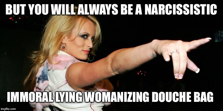 Stormy Daniels | BUT YOU WILL ALWAYS BE A NARCISSISTIC IMMORAL LYING WOMANIZING DOUCHE BAG | image tagged in stormy daniels | made w/ Imgflip meme maker
