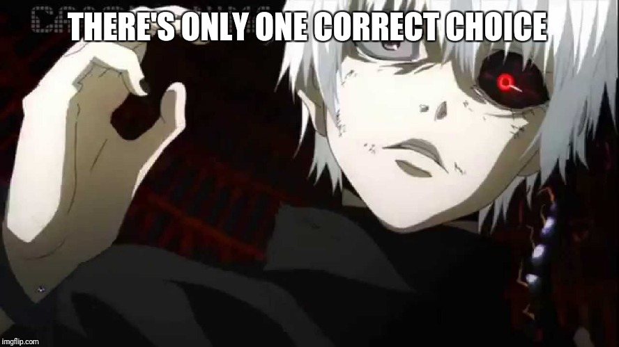 Kaneki Tokyo Ghoul | THERE'S ONLY ONE CORRECT CHOICE | image tagged in kaneki tokyo ghoul | made w/ Imgflip meme maker