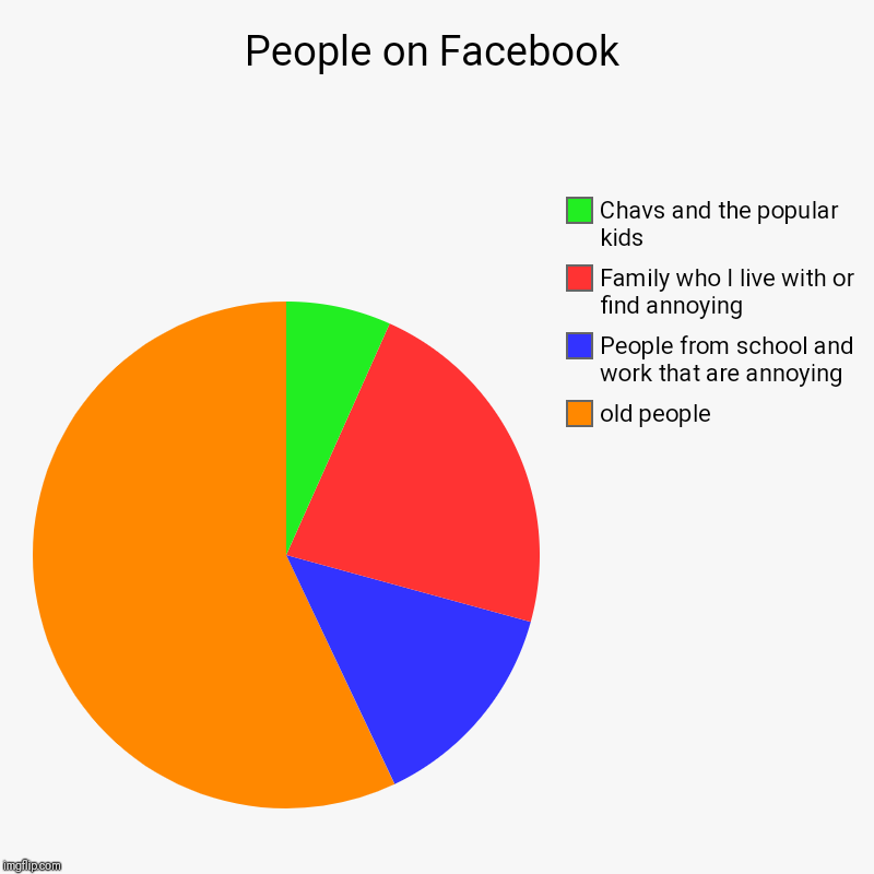 Who uses Facebook in this day and age!? | People on Facebook | old people, People from school and work that are annoying, Family who I live with or find annoying, Chavs and the popul | image tagged in charts,pie charts,facebook,i hate facebook,facebook problems,facebook jail | made w/ Imgflip chart maker