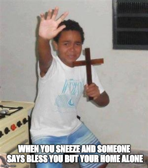Scared Kid | WHEN YOU SNEEZE AND SOMEONE SAYS BLESS YOU BUT YOUR HOME ALONE | image tagged in scared kid | made w/ Imgflip meme maker