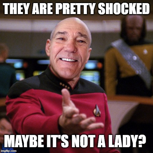 wtf picard kewlew | THEY ARE PRETTY SHOCKED MAYBE IT'S NOT A LADY? | image tagged in wtf picard kewlew | made w/ Imgflip meme maker