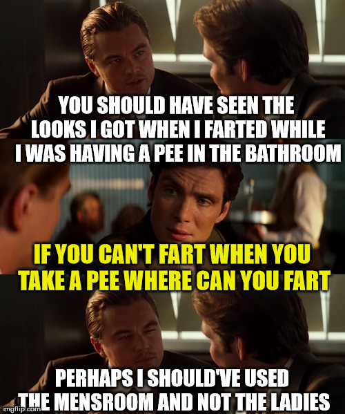 inception | YOU SHOULD HAVE SEEN THE LOOKS I GOT WHEN I FARTED WHILE I WAS HAVING A PEE IN THE BATHROOM; IF YOU CAN'T FART WHEN YOU TAKE A PEE WHERE CAN YOU FART; PERHAPS I SHOULD'VE USED THE MENSROOM AND NOT THE LADIES | image tagged in fart,bathroom,toilets,pee | made w/ Imgflip meme maker