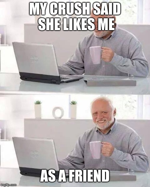 Hide the Pain Harold | MY CRUSH SAID SHE LIKES ME; AS A FRIEND | image tagged in memes,hide the pain harold | made w/ Imgflip meme maker