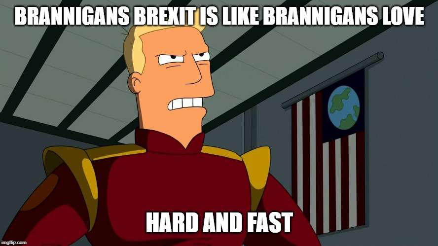 Zapp Brannigan | BRANNIGANS BREXIT IS LIKE BRANNIGANS LOVE; HARD AND FAST | image tagged in zapp brannigan | made w/ Imgflip meme maker