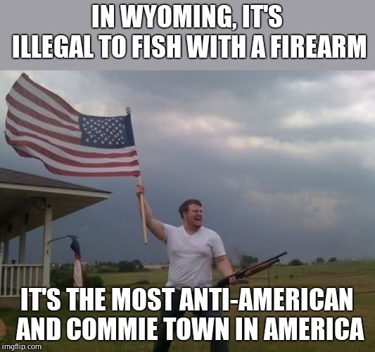 Ludicrous Laws week April 1 - 7th a Lord Cheesus, Katechuks and SydneyB event | IN WYOMING, IT'S ILLEGAL TO FISH WITH A FIREARM; IT'S THE MOST ANTI-AMERICAN AND COMMIE TOWN IN AMERICA | image tagged in ludicrouslaws,aprilfoolsweek,lordcheesus,katechuks,sydneyb | made w/ Imgflip meme maker