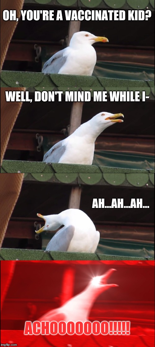 Anti-Vaxx Seagull | OH, YOU'RE A VACCINATED KID? WELL, DON'T MIND ME WHILE I-; AH...AH...AH... ACHOOOOOOO!!!!! | image tagged in memes,inhaling seagull,vaccination,sneeze | made w/ Imgflip meme maker