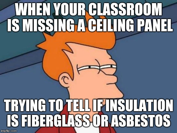 turns out it was hay | WHEN YOUR CLASSROOM IS MISSING A CEILING PANEL; TRYING TO TELL IF INSULATION IS FIBERGLASS OR ASBESTOS | image tagged in memes,futurama fry,funny memes,asbestos,fiberglass,ceiling | made w/ Imgflip meme maker