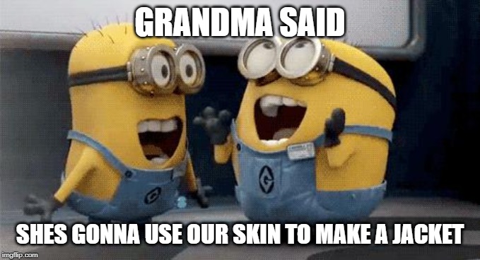 Excited Minions | GRANDMA SAID; SHES GONNA USE OUR SKIN TO MAKE A JACKET | image tagged in memes,excited minions | made w/ Imgflip meme maker