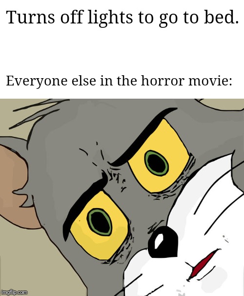 Dub Dun Dun... | Turns off lights to go to bed. Everyone else in the horror movie: | image tagged in memes,unsettled tom,funny,horror movie | made w/ Imgflip meme maker