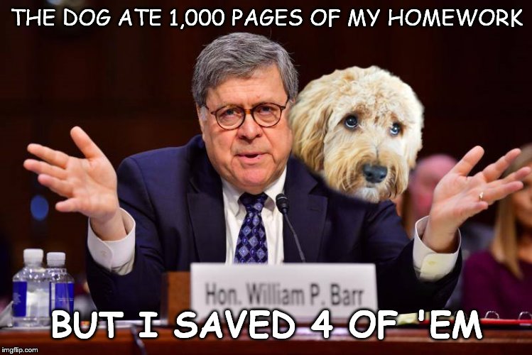 THE DOG ATE 1,000 PAGES OF MY HOMEWORK; BUT I SAVED 4 OF 'EM | image tagged in barr,mueller report,repub,dem,propaganda,liar | made w/ Imgflip meme maker