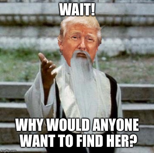 Trumpai Mei | WAIT! WHY WOULD ANYONE WANT TO FIND HER? | image tagged in trumpai mei | made w/ Imgflip meme maker